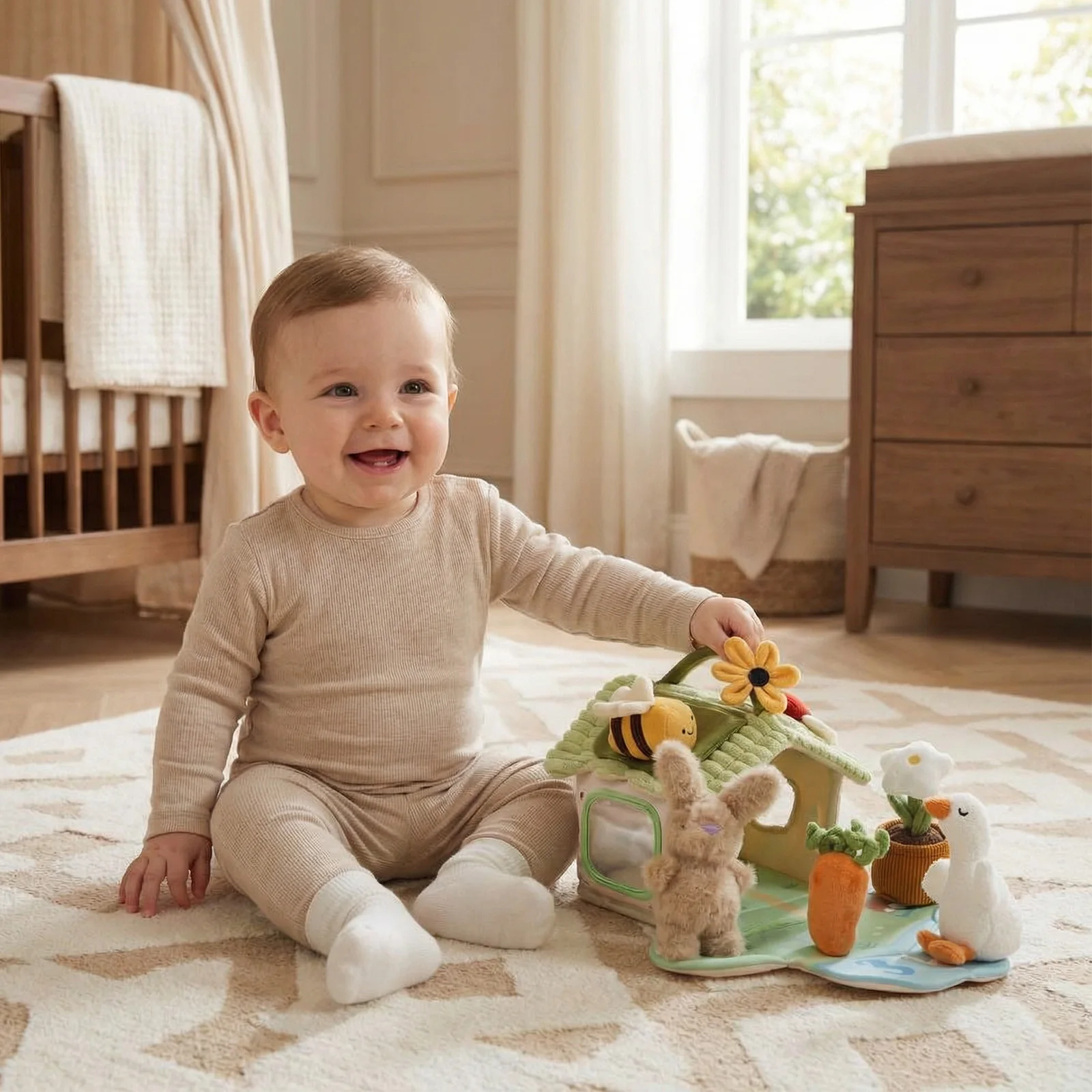 baby-security-blanket-with-detachable-silicone-teether-2-sided-press-to-sound-sensory-ribbon-tags-bee-butterfly-newborn