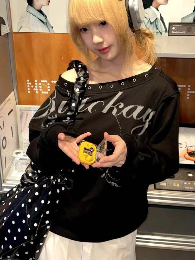 Y2k خمر تي شيرتات طويلة الأكمام الشارع الشهير المرأة عادية الشرير طباعة الأمريكية خمر علوي انحراف طوق ثقافة فرعية 2025 الخريف