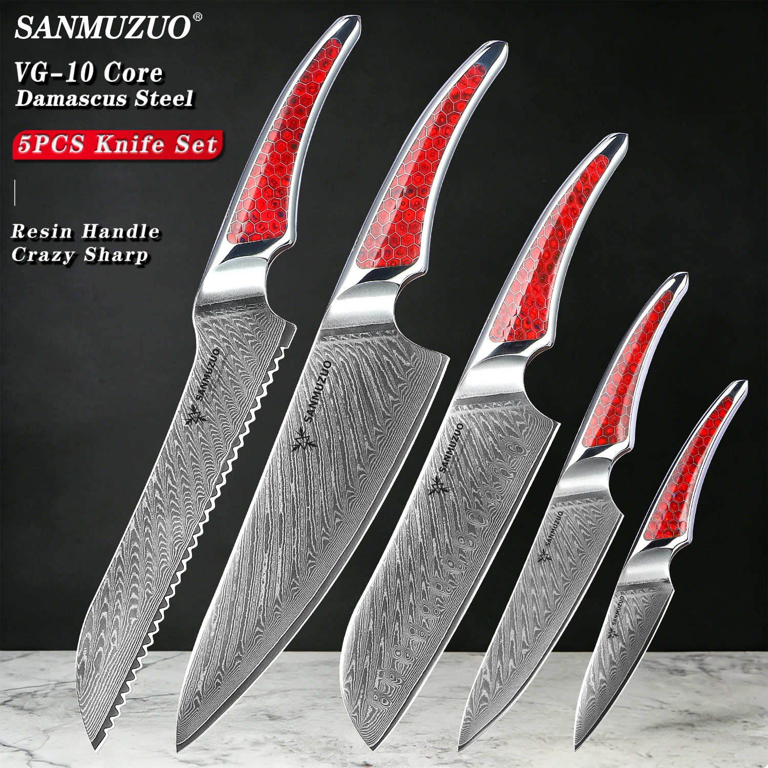 

LAS9 Serise 5PCS Kitchen Knife Set -Damascus Steel Chef Santoku Paring Utility Bread Knife -Resin Handle Kitchen Cooking Tools