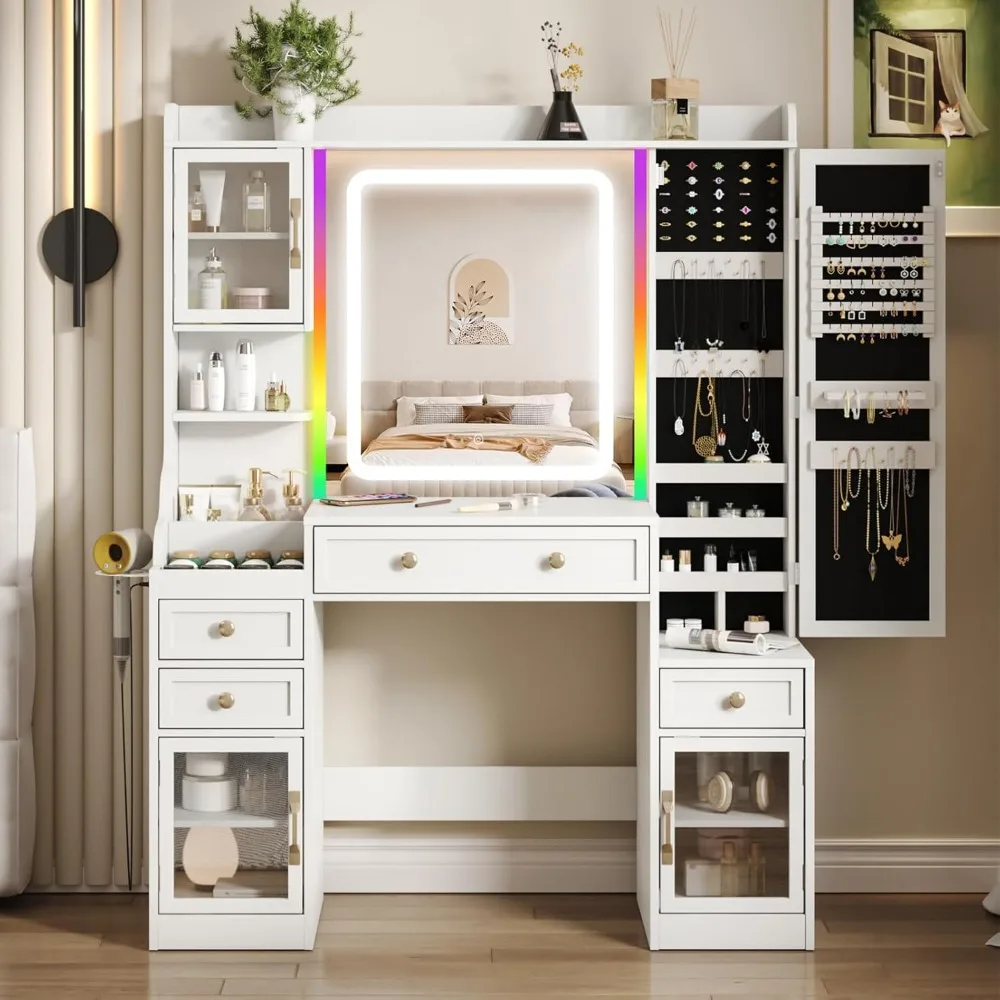 Makeup Vanity Desk with LED Lighted Mirror and Power Strip and RGB Lights,White Vanity Table with Jewelry Cabinet