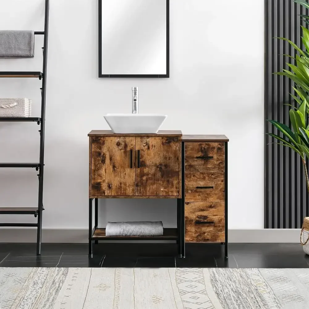 

36" Bathroom Vanity Sink Combo ern Metal Stand Cabinet W/Bottom Shel & Storage Side Cabinet White Square Vel Sink & Water Save a