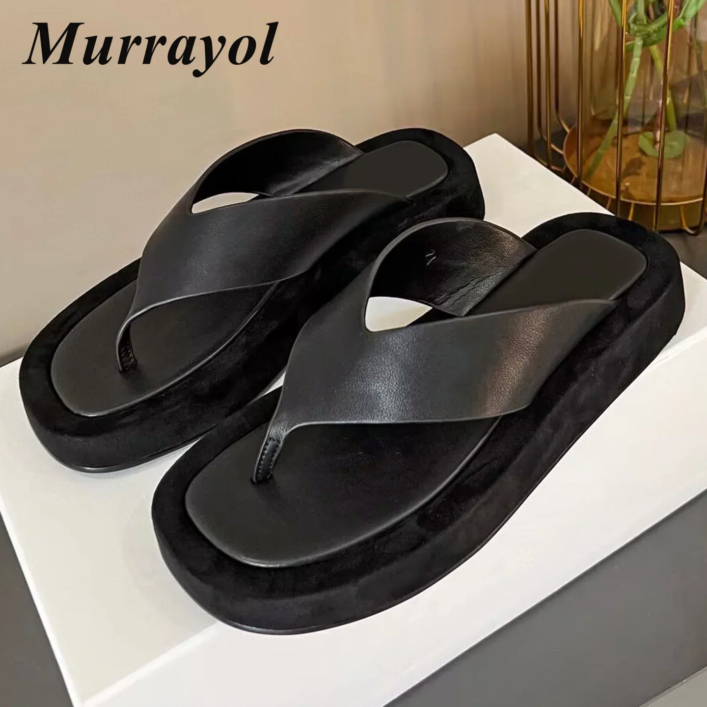 Genuine Leather Mixed Colors Flip Flops Women Split Toe Flat Thick Bottom Slippers Summer Slides Outdoor Leisure Beach Shoes