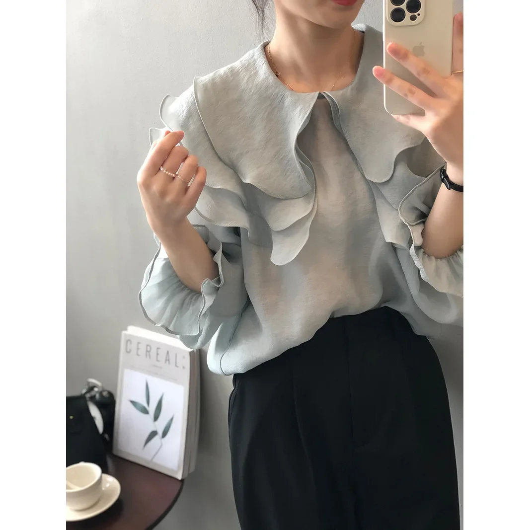 Women Clothing Shirt Spring AUTUMN Ruffled Turn-down Collar Casual Simple Solid  New Fashion Blouse for Women