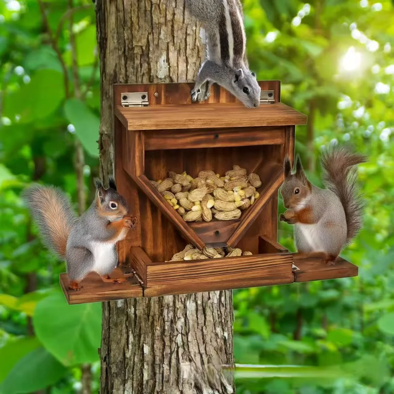 

Новая деревянная кормушка для белков-подвесной диспенсер для корма для домашних животных на открытом воздухе, дом для кормления диких животных для двора, балкона