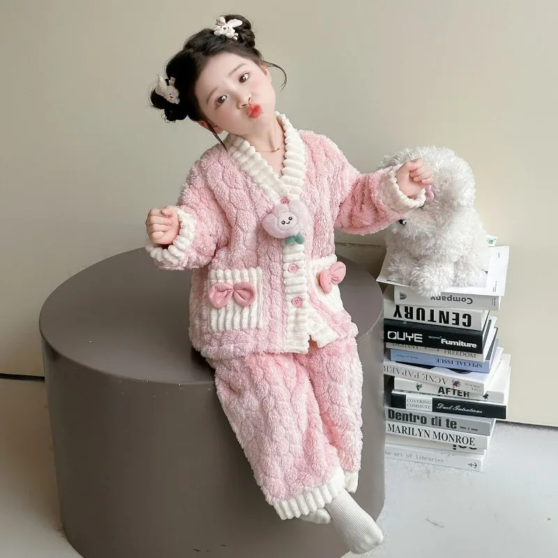 

Girls Autumn Winter Flannel Coral Fleece Pajamas Set Warmth Plus Size Kids Home Wear