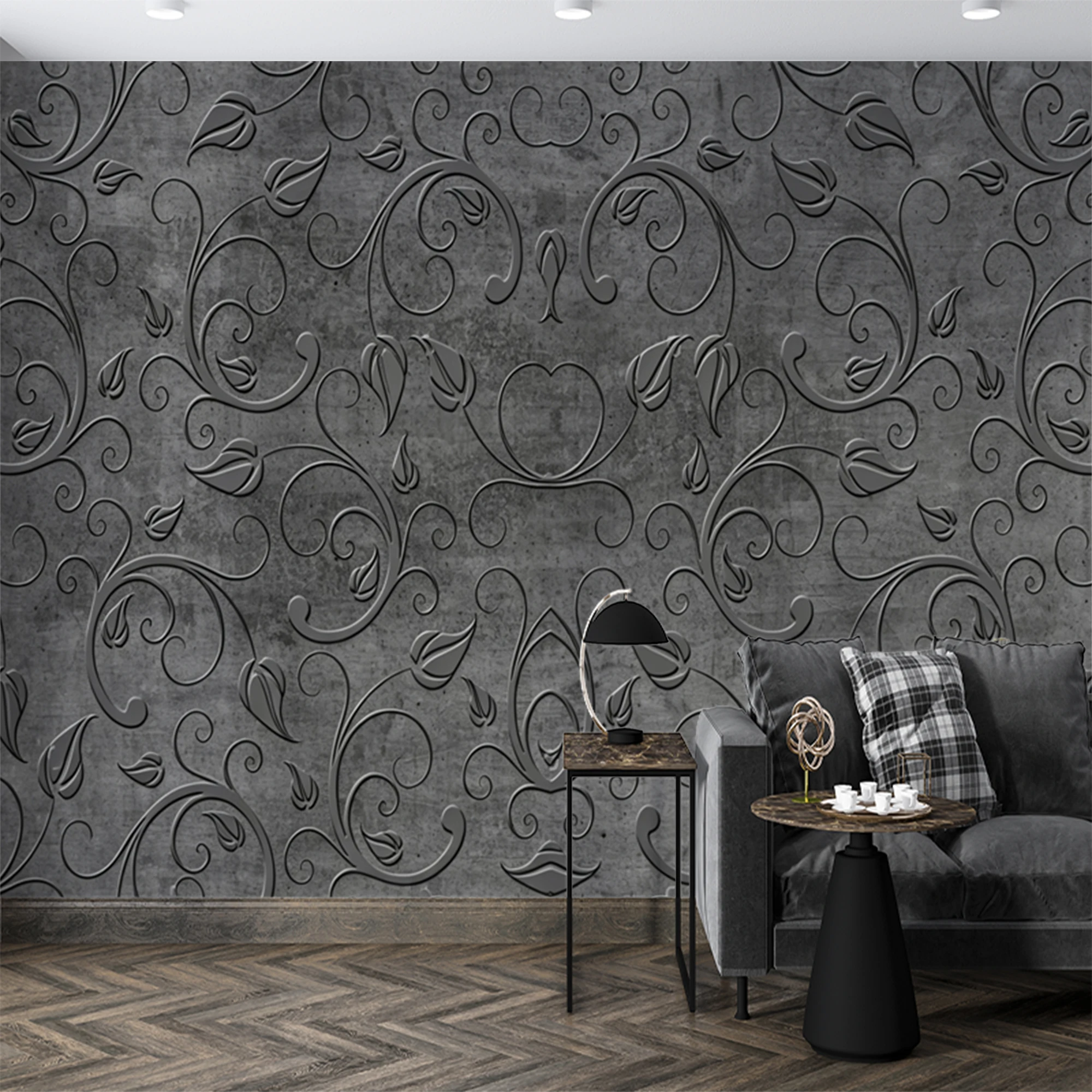 Custom 3D Embossed Floral Mural Wallpaper Grey Concrete Texture Vintage Damask  for Living Room  Background Home Wall Decoration