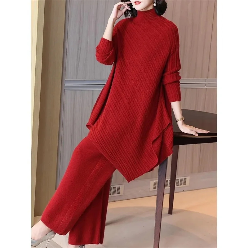 

High Neck Long Sleeves Knitting Suit Women 2024Autumn and Winter New Fashion Loose Age-Reducing Coat Wide-leg Pants 2 Piece Set