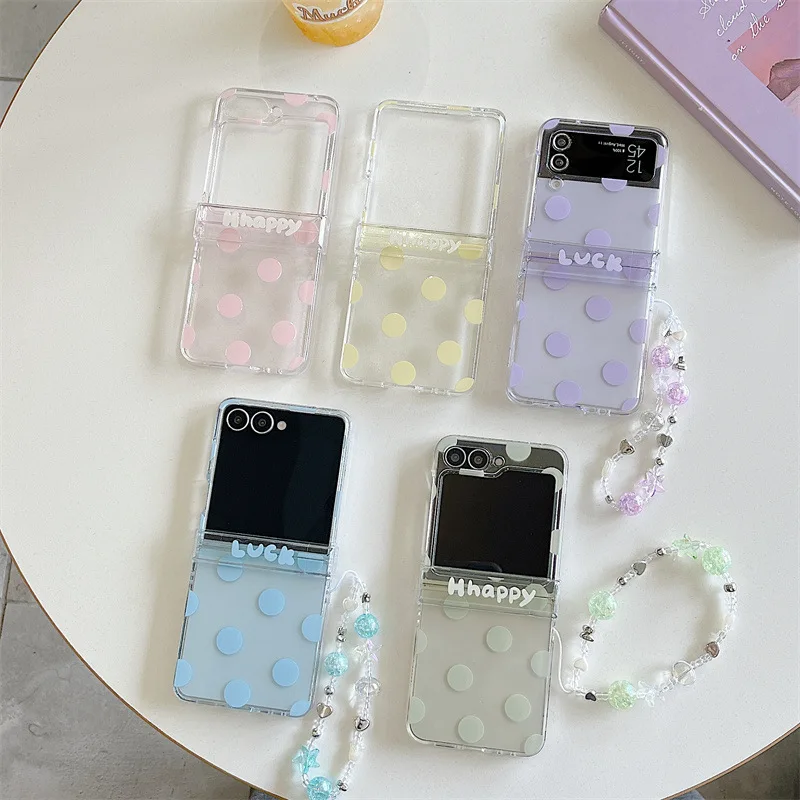 Korean Candy Colors Polka Dots With Wrist Strap Phone Case For Samsung Galaxy Z Flip 7 6 5 4 3 Z Flip7 FE Clear Shockproof Cover