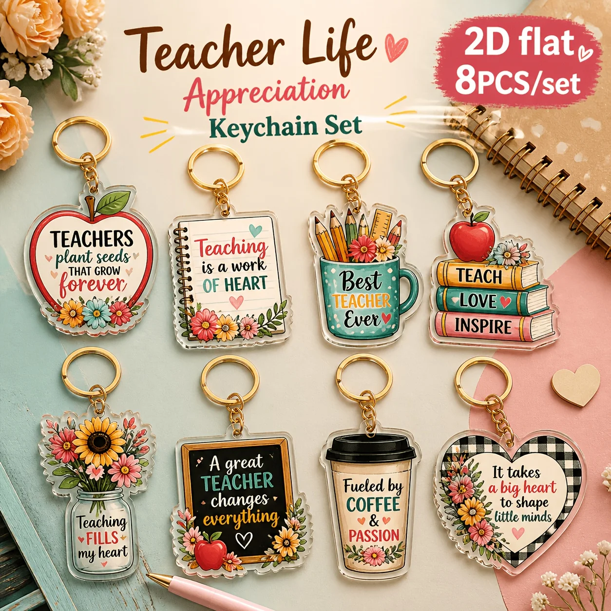 Ensemble de 8 porte-clés en acrylique inspirants pour l'appréciation des enseignants, avec citations florales colorées, cadeau pour les travailleurs de l'éducation, design plat 2D
