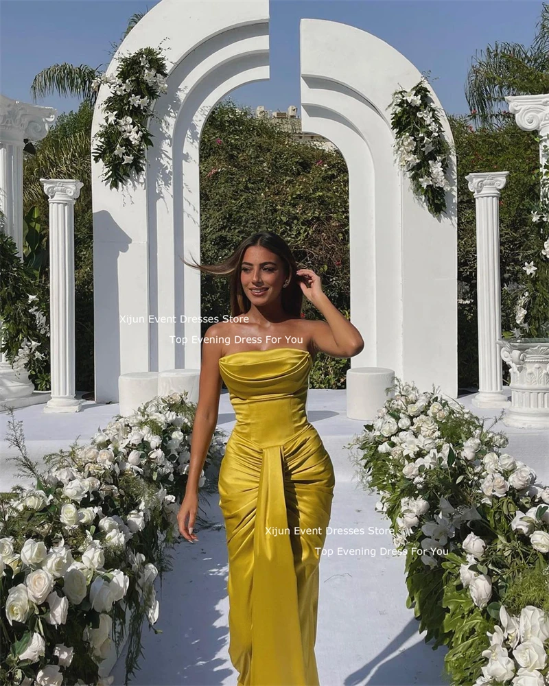 Xijun Sexy Yellow Mermaid Evening Dresses Sleeveless Pleats Silk Satin Prom Dresses Floor Length Prom Gowns 2025 robes de soirée