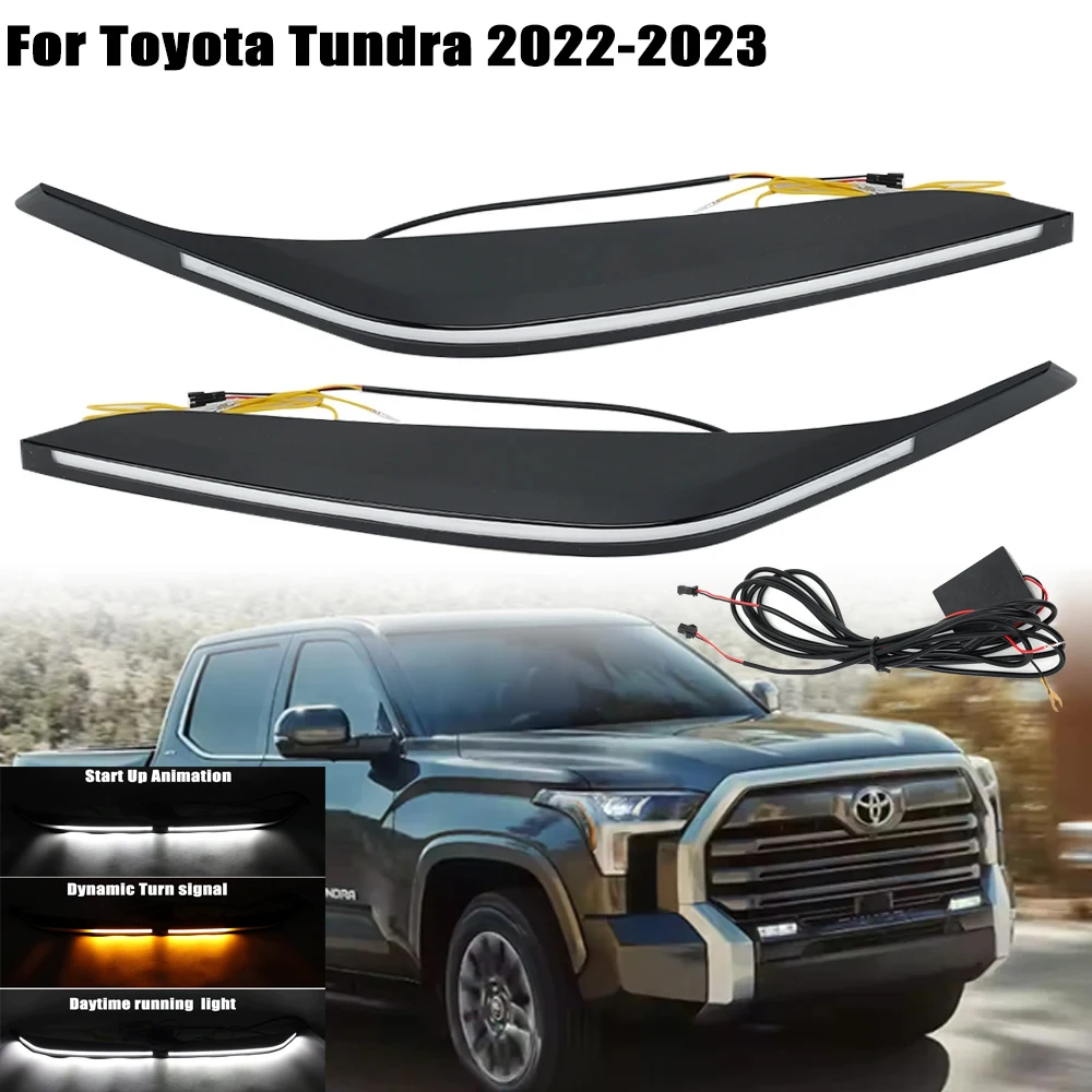 

For Toyota Tundra Sequoia 2022 2023 LED DRL Headlights Eyebrow Daytime Running Light With dynamic Yellow Turn Signa Fog lamp