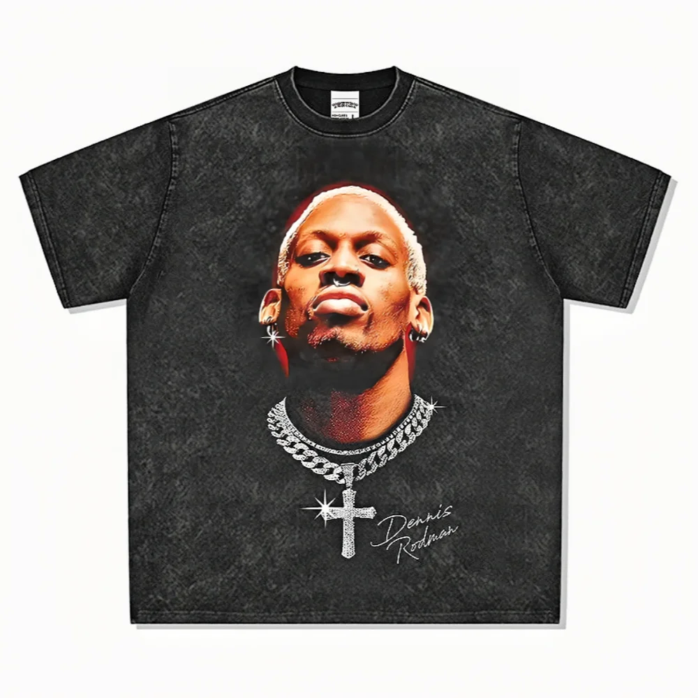 

Acid Wash Graphic T-Shirt Unisex Oversized Crewneck Cotton Dennis Rodman Printed Basketball Urban Streetwear Retro Tops