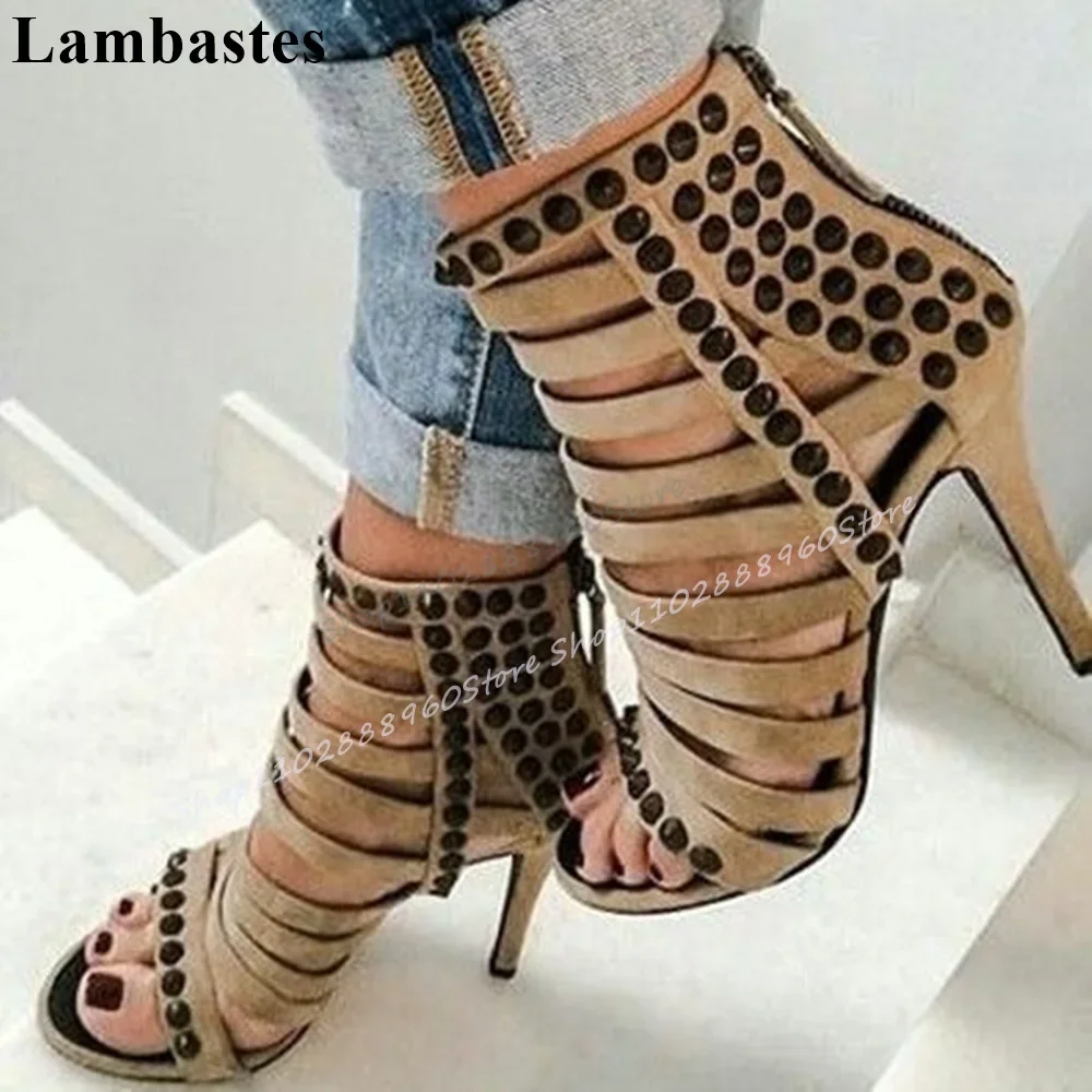 صنادل كاكي فلوك Strappy برشام ديكور أحذية رقيقة عالية الكعب للنساء سحاب جانبي مفتوح من الأمام 2025 عصرية Zapatillas Mujer #2