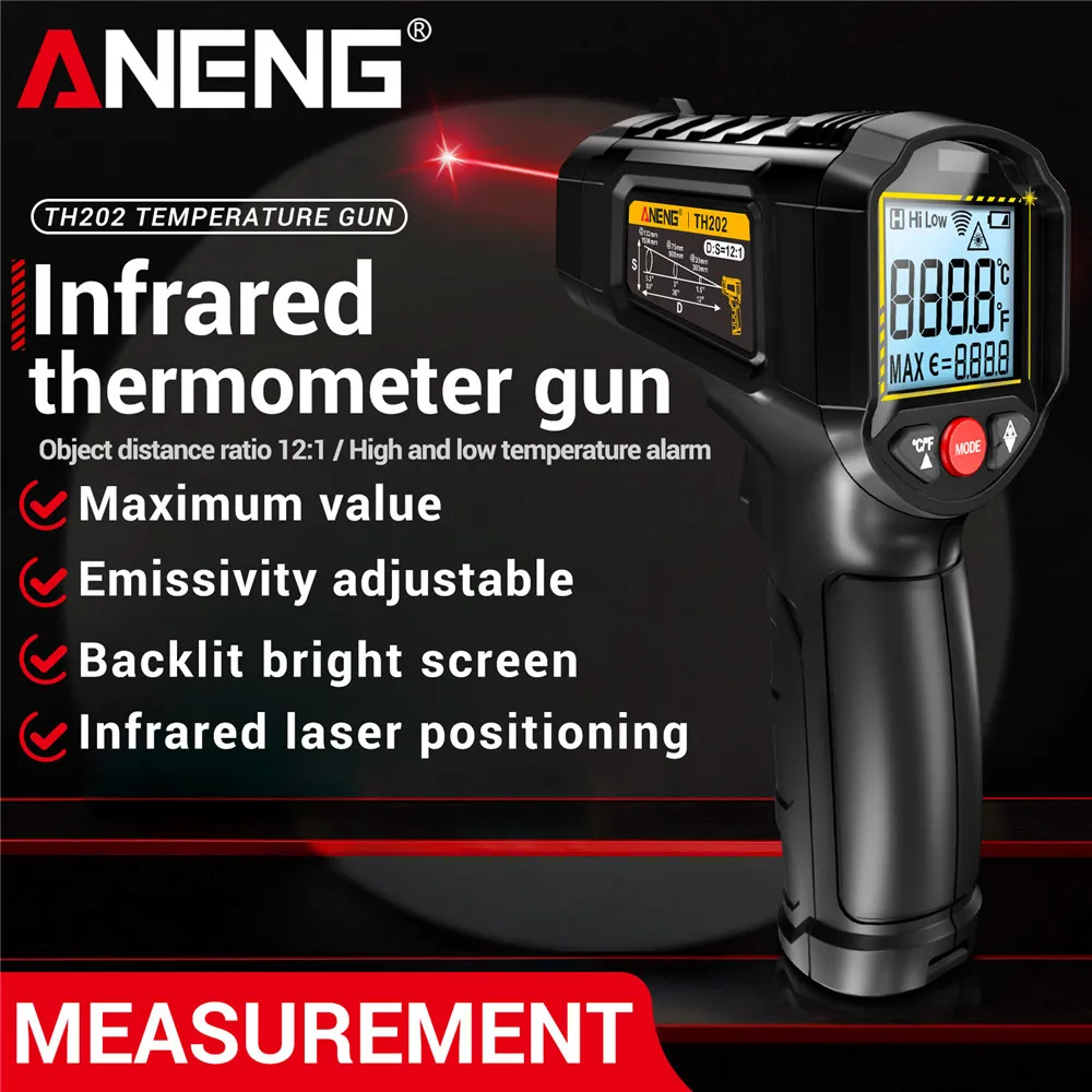 TH202 TH203 Infrared Thermometer Gun -50°C to 600°C Multi-Point Laser LCD Backlit Display Adjustable Emissivity High Accuracy