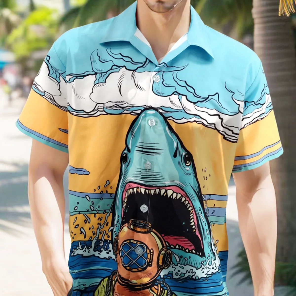 New Hawaiian Shirt Men Loose Beach Short Sleeve Shark Print Korean Reviews Many Clothes Camisas Masculino