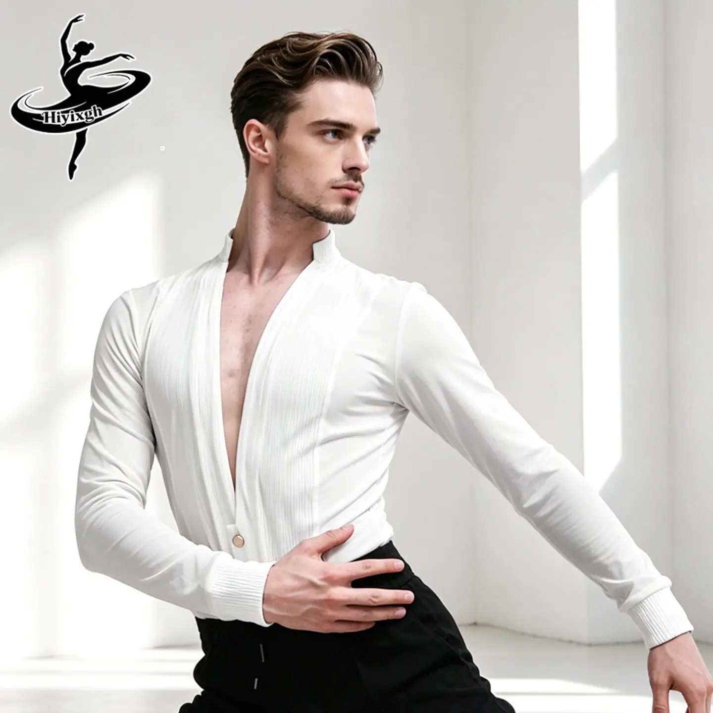 Latin Dance Tops Men'S Modern Practice Wear Art Test Onesie Professional Long Sleeve Ballroom Ango Rumba Dance Practice Suit Top view 3