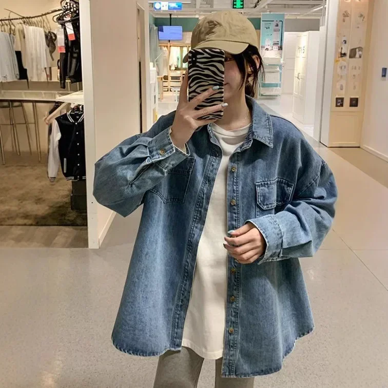

PopPopLoose Women's Denim Shirt Jacket Commute Outerwear Blue Spring Autumn New Design Layering Bf Style Casual Button Up Top