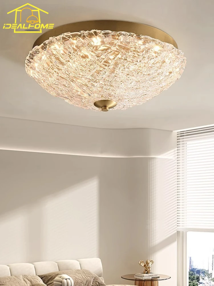 

American Luxury Gold Lustre Round Ceiling Light LED Copper Glass Modern Light Fixtures Bedroom Room Study Entrance Balcony Aisle