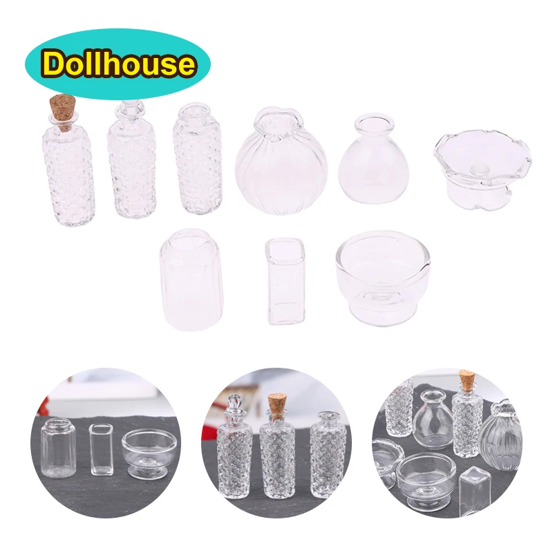 1:12 Puppenhaus Miniatur Glas Vase Dessert Tasse Wein Flasche Wunsch Flasche W/Gekken Home Decor Spielzeug Puppenhaus Zubehör
