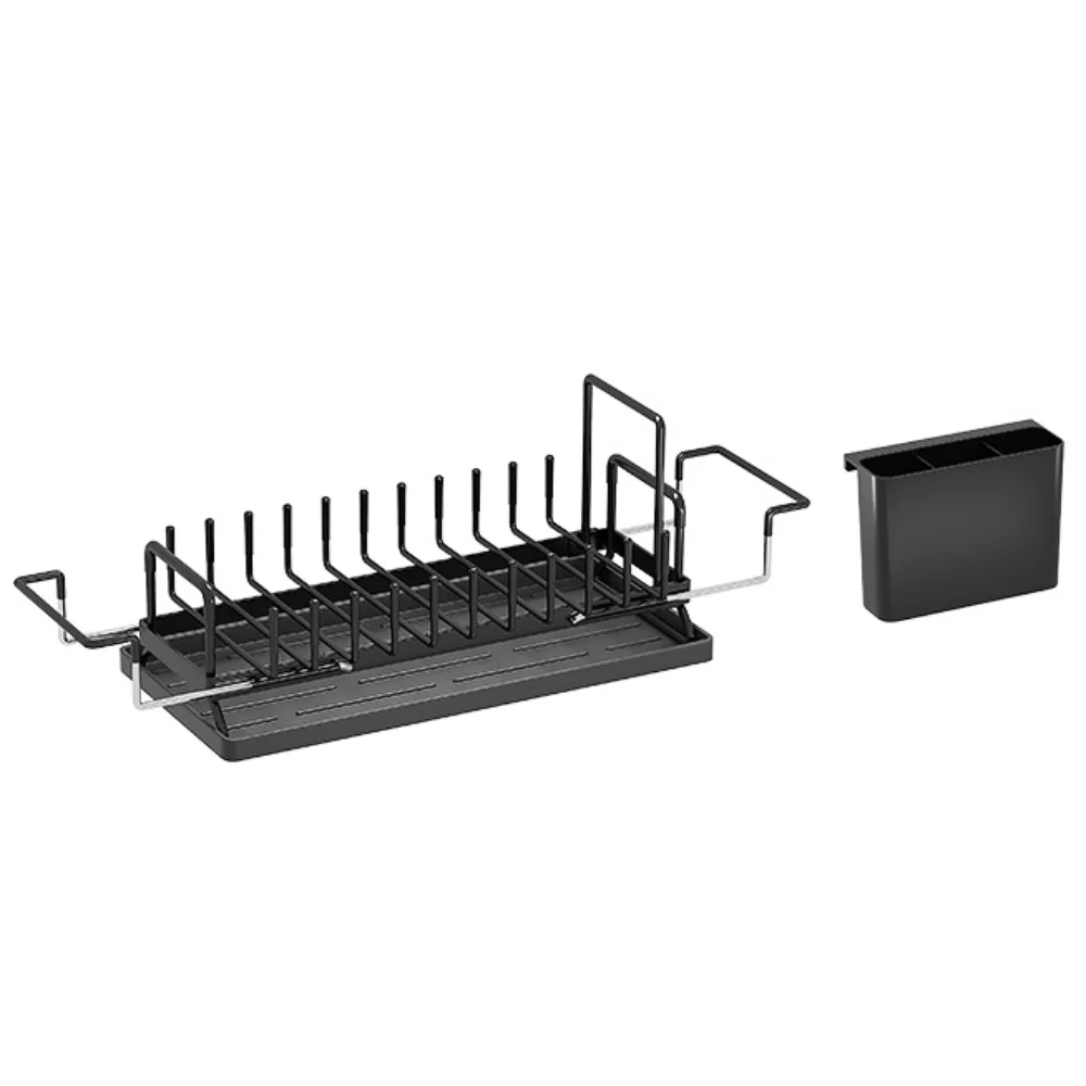

Extendable Bottom Tray Counter Dish Drying Rack Space-Saving with Chopstick Box Dish Drainboard Black Tableware Storage Rack