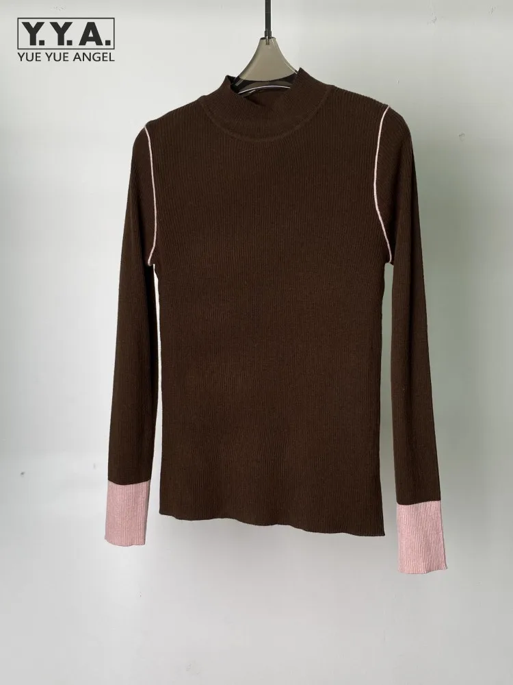 

New Designer Women Slim Sweater Top Colors Panelled Mock Neck Wool Knitted Pullover Daily Casual Long Sleeve Knitwear Lady Coat