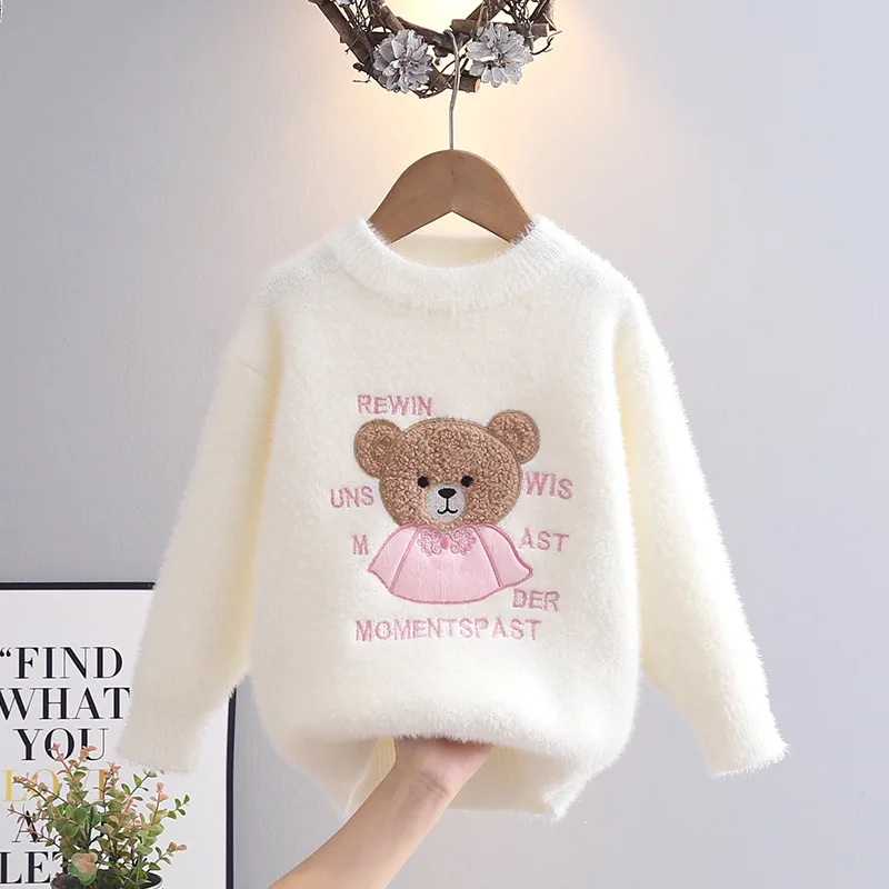 Baby Girls Childlike Cartoon Bear Knit Sweater Fall Winter Student Pullover Comfortable Perfect Kids Clothes for Outings HY11021