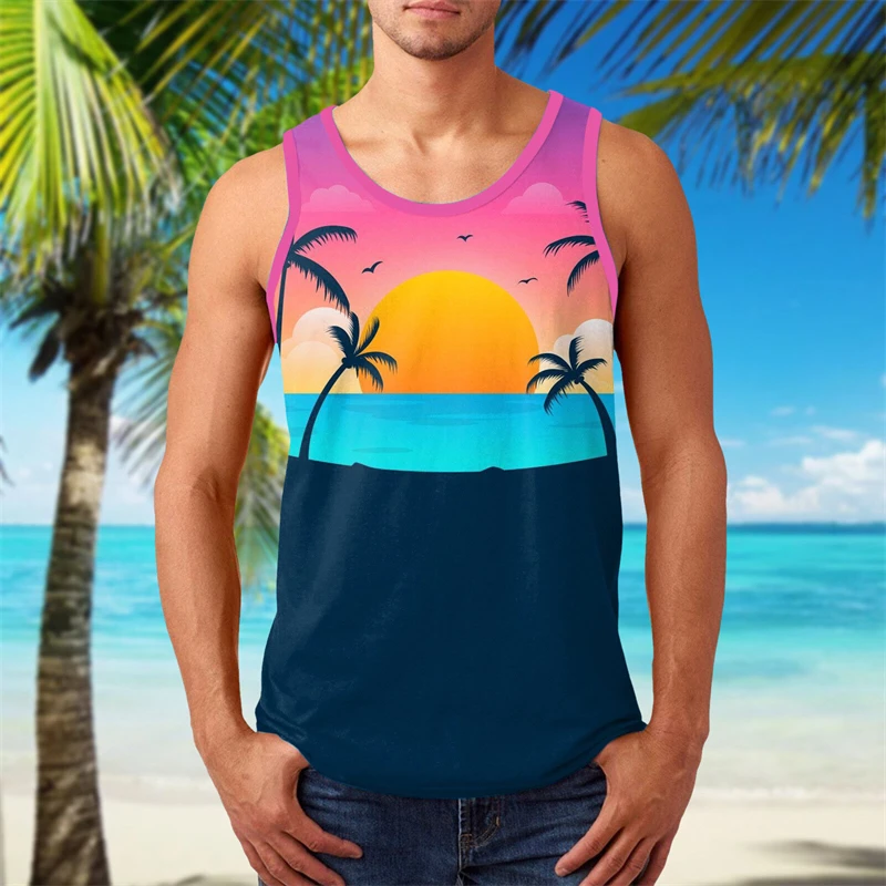 

Hawaiian Tropical Botanical Beach Tank Top For Men Summer Vacation Boys Beach Street T-Shirt Sleeveless Tee Shirts Tops Vest