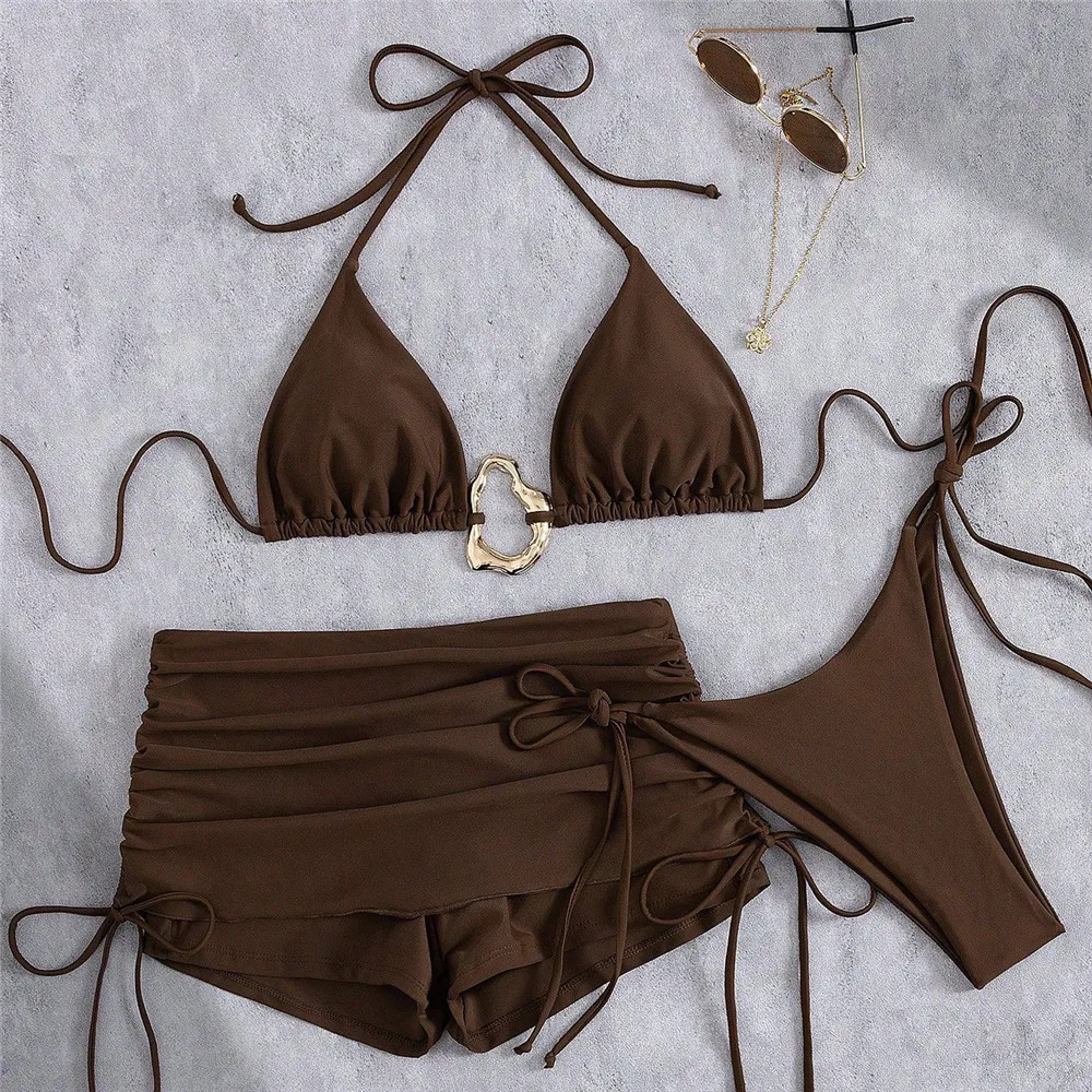 Metal Ring Halter String Triangle 3 Piece Bikinis Sets Brown Solid Swimwears Bottom Short Micro Thong Sexy Swimsuit Woman 2026