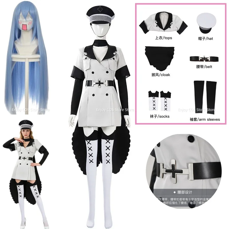 

Esdeath Cosplay Costume Akame Esdeath Ice Queen White Uniform Hat Cape Blue Wig Halloween Outfit