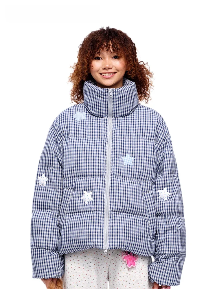 

MOF Girl Blue White id Star down Jaet Women's Winter Bread Sle Retro Stand Collar Warm Outerwear Long Sve Zipper