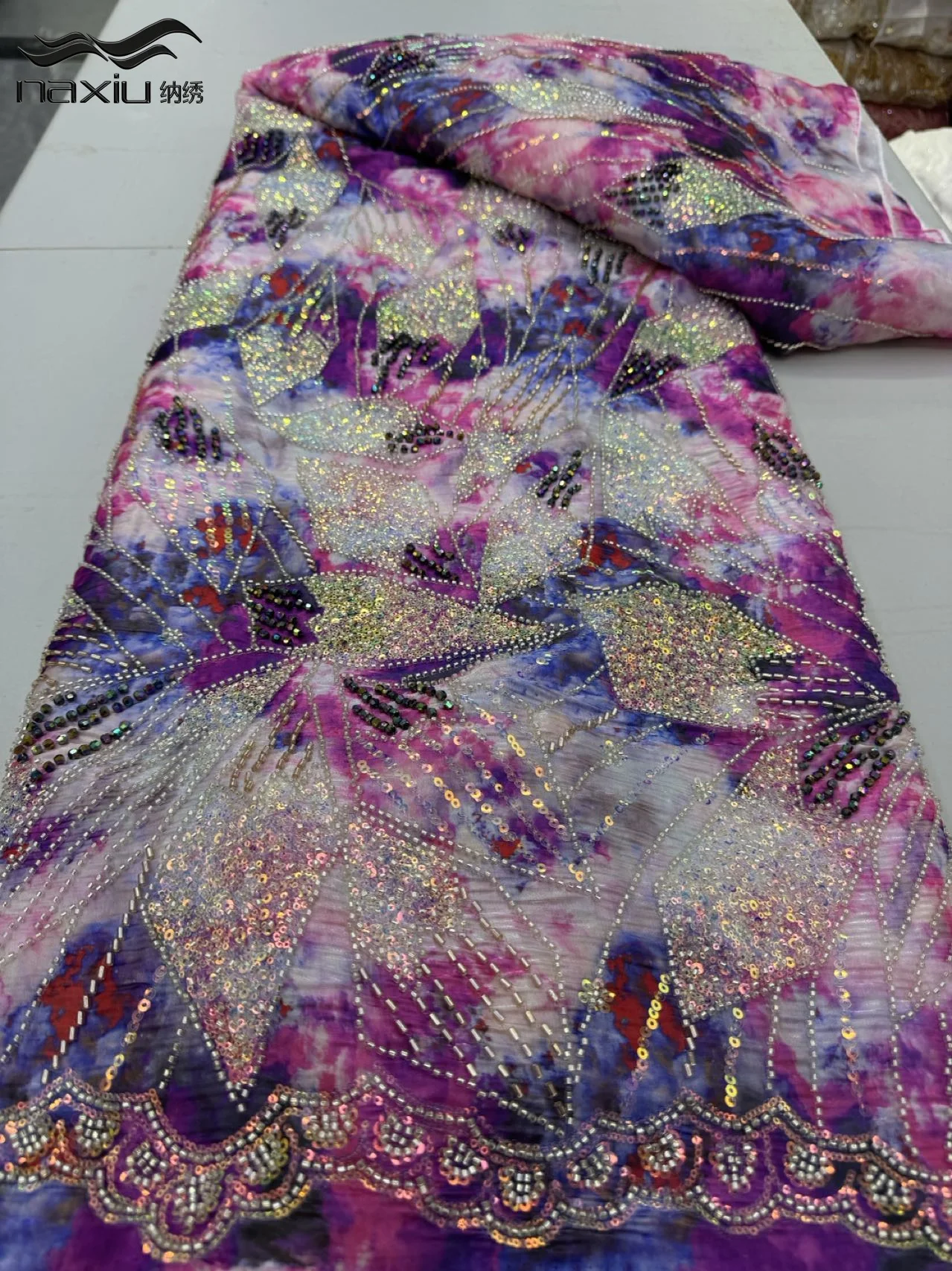 

Madison High Quality French Multicolor Beads Embroidery Net Lace African Sequins Tulle Lace Fabric For Sewing Wedding 5 Yards