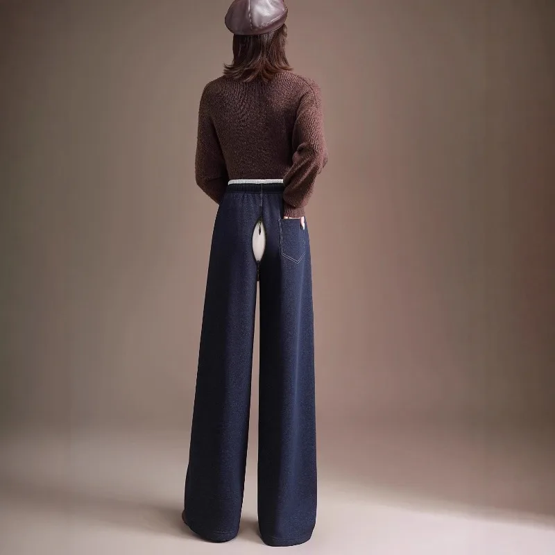 بنطلون نسائي مفتوح المنشعب جينز نسائي عالي الخصر من القطن لخريف وشتاء 2025 فضفاض غير رسمي من القطن المخملي