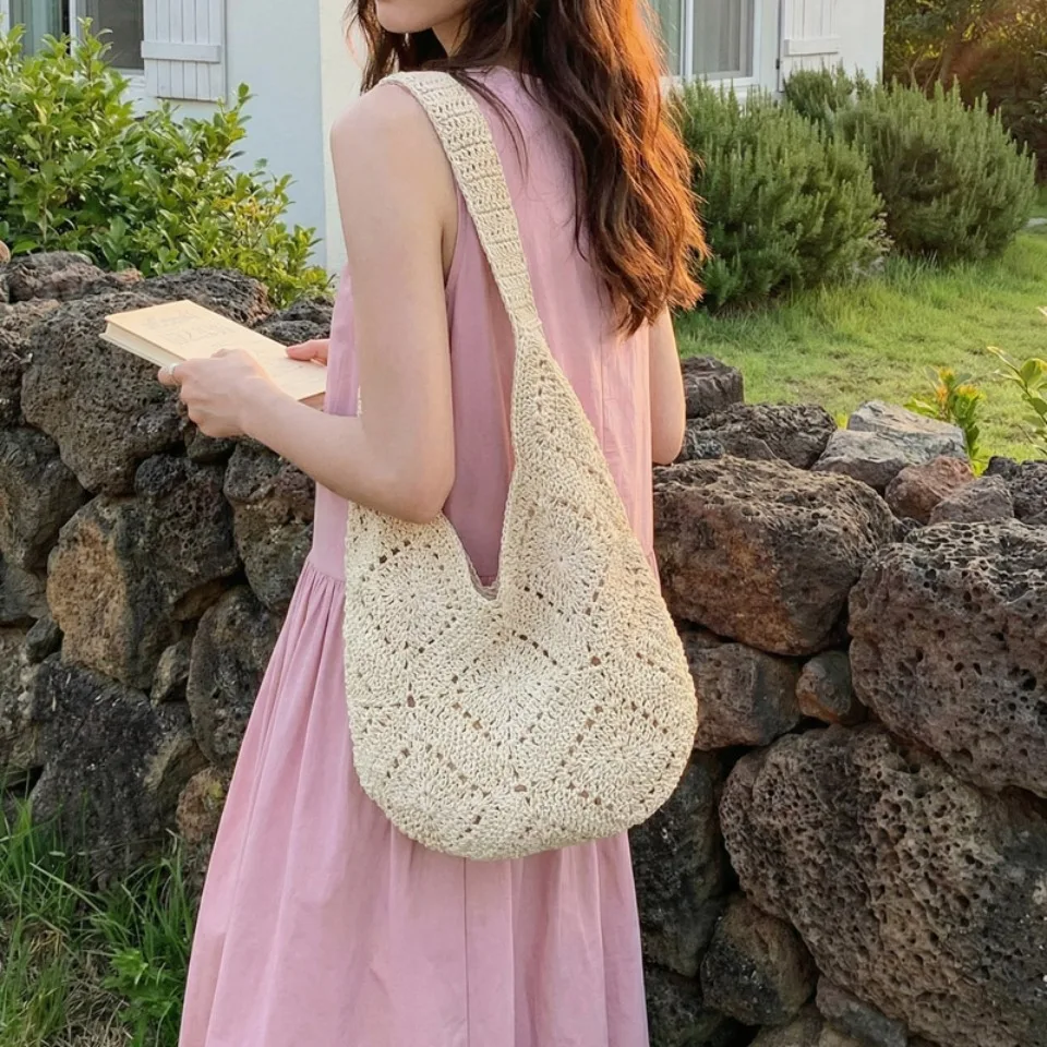 

Стильная женская сумка-тоут в деревенском стиле с большой вместимостью, плетеная, с ажурным узором, для отпуска и пляжа, модная, на одно плечо