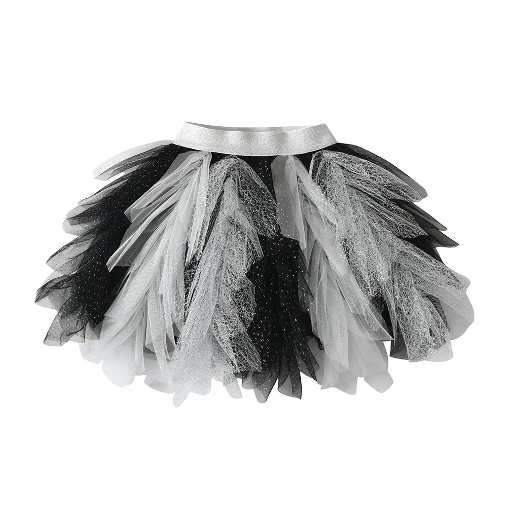 Girls Black White Glitter Tulle Tutu Skirt Kids Layered Fluffy Irregular Party Casual Daily Fashion Ballet Mini Skirts Outfit