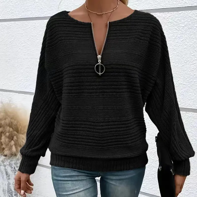 T-shirt à manches longues et fermeture éclair pour femme, Streetwear, décontracté, couleur unie, nouvelle collection automne et hiver