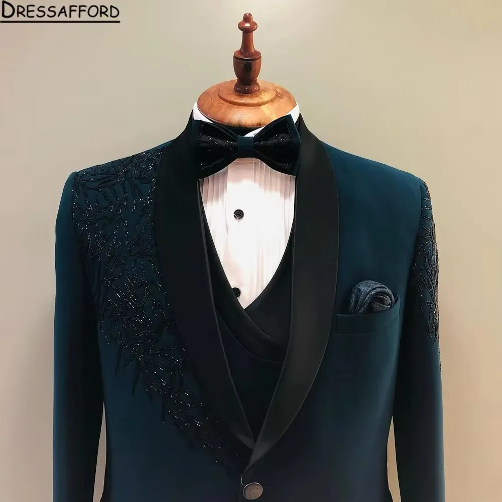 Blue Blazers Men Suits Sequined Appliques Fashion Banquet 2 Piece Business Jacket Pants Trousers