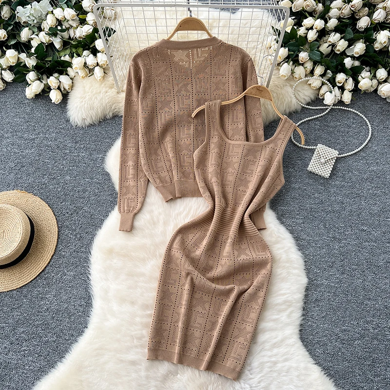 Autumn Winter Casual Knitted 2 Piece Set Women Sleeveless Hollow Out Dress＋V-neck Single Breasted Long Sleeve Sweater Coat Suit