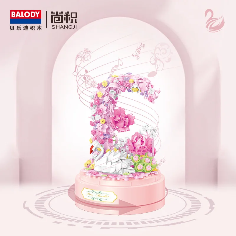 

BALODY music Box Preserved flower building blocks swan model kawaii assembly girls toys Valentine's Day gifts for girlfriend