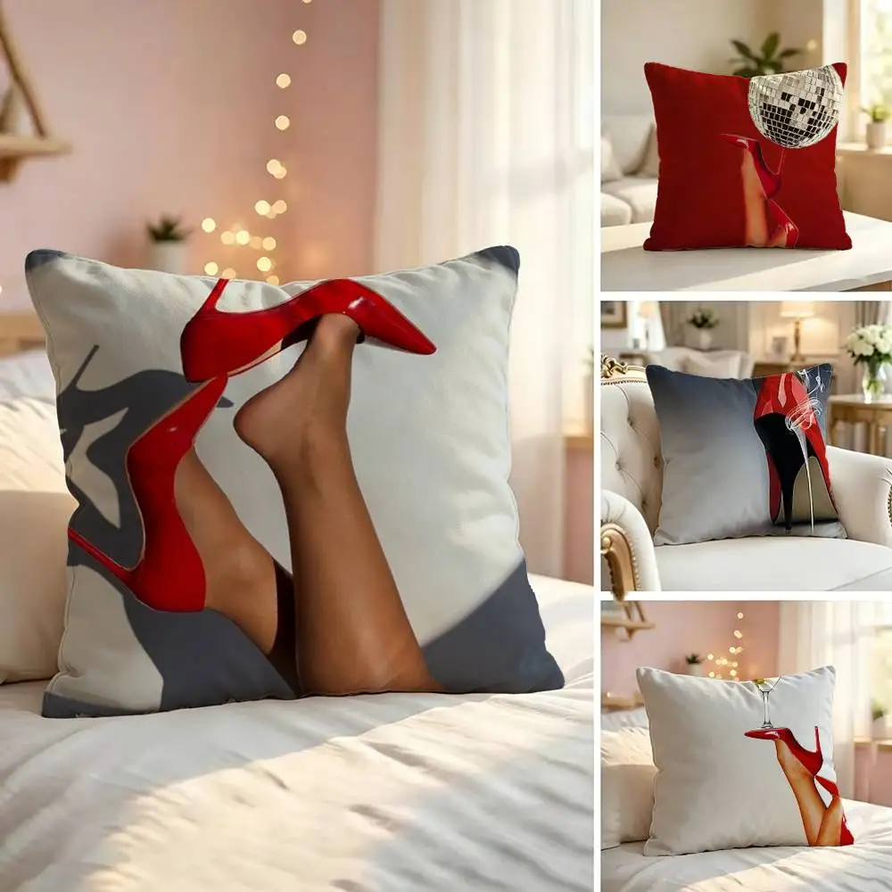 Retro red High-Heeled Shoe Square Double-Sided printed Pillow Case Bedroom Bedside Pillow Sofa Cushion Cover