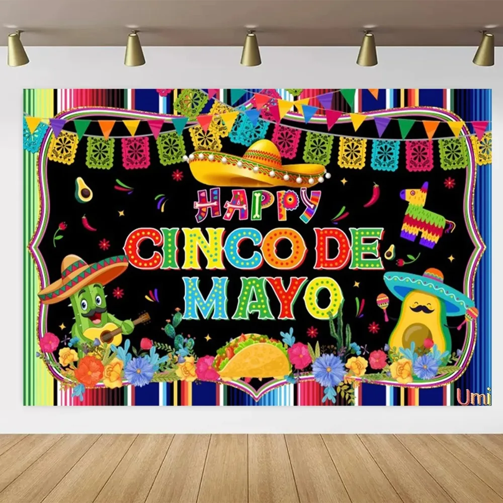 

May 5th Mexican Festival Cactus themed banner Backdrop, colorful flags, children party birthday decoration photography Backdrop