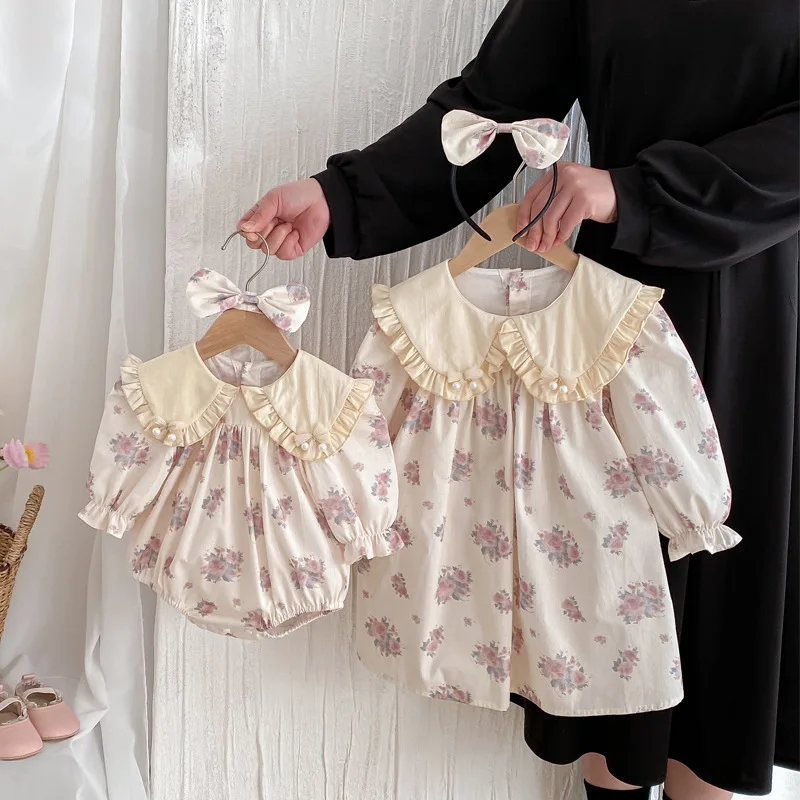 

Autumn Fashion 2025 Baby Clothes Floral Princess Romper Toddler Clothes Children's Girl Doll Collar Dress Sisters
