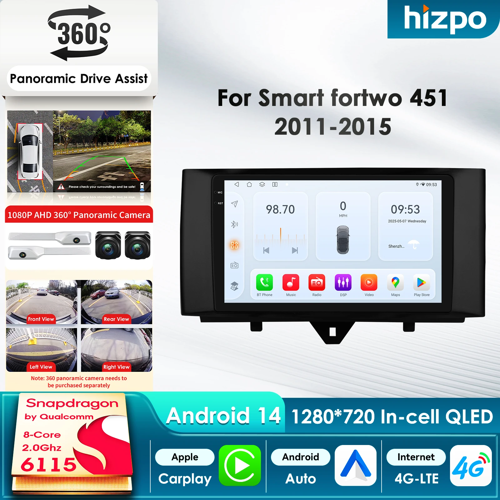 

Автомобильный мультимедийный плеер Hizpo Stereo AI с интеллектуальным экраном Android для Smart Fortwo 2011-2015, GPS, Carplay, 4G, головное устройство Snapdragon