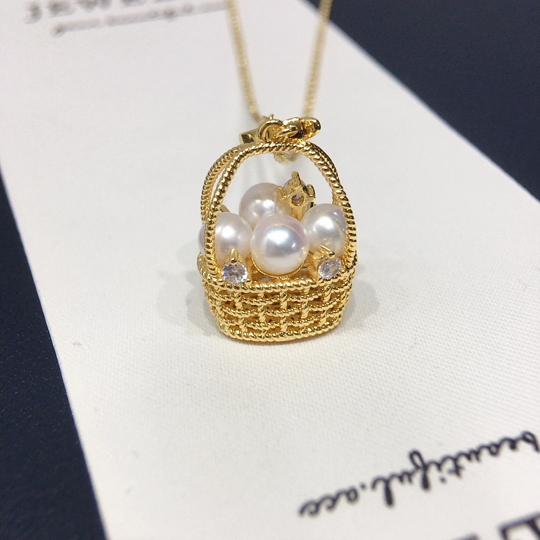 

ZHBORUINI Freshwater Pearl Pendant Flower Basket 5-6mm Mini Pearls Universal Buckle Inlaid Zircon Jewelry Women Gift Premium