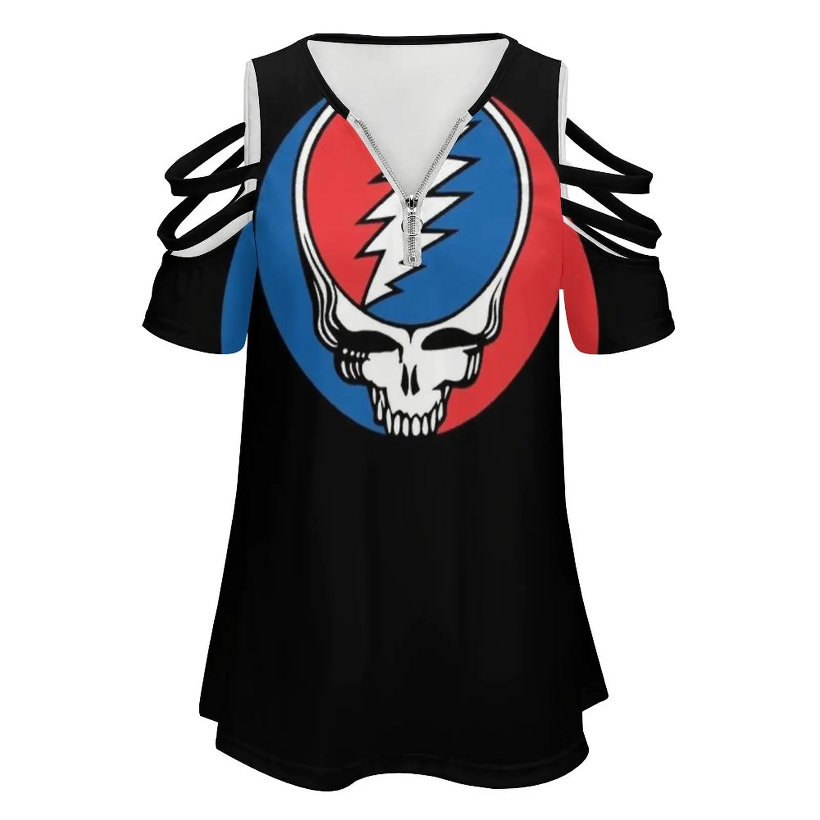 Red Blue Border Women's T-Shirt New Fashion Printed Zipper V-Neck Short Sleeve T Shirts Casual Plus Size Grateful Dead Jerry