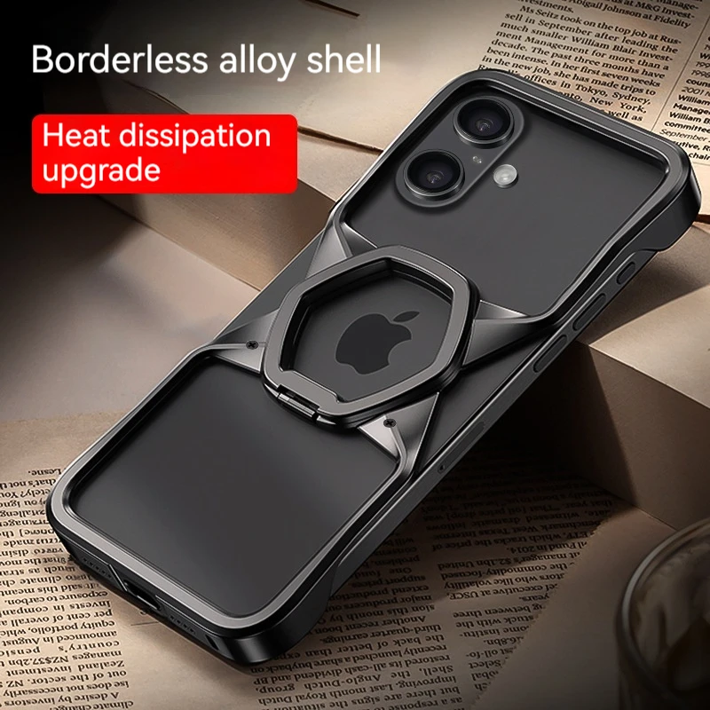 New Aluminum Alloy Magsafe Wireless Charging Phone case,For iPhone 16 ProMax Hexagonal Metal Ring Holder Shockproof Bumper