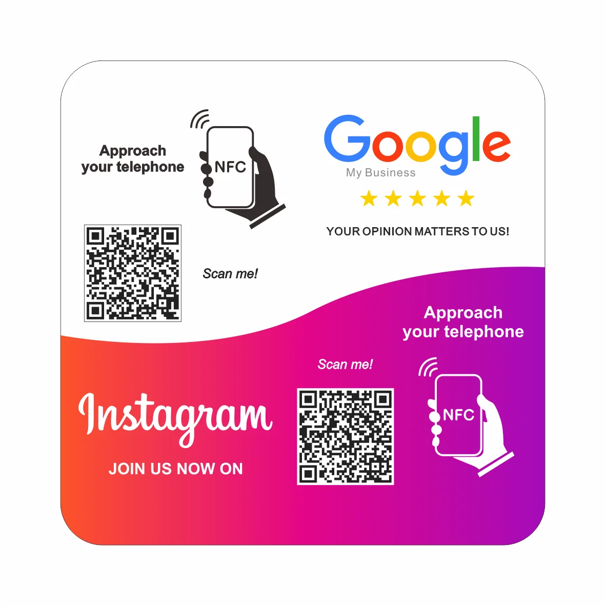 2 in 1 Social Media Connected Plate Tap or Scan Contactless NFC QR Code Sign Acrylic Google Review QR sticke NFC QR Code Display