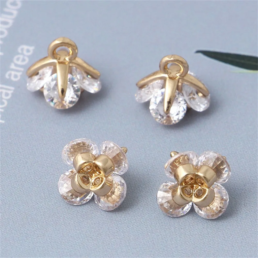 

Copper-plated Real Gold Inlaid Zircon Four-petal Flower-shaped Pendant, Handcrafted Earrings, Necklace, Diy Material Accessories