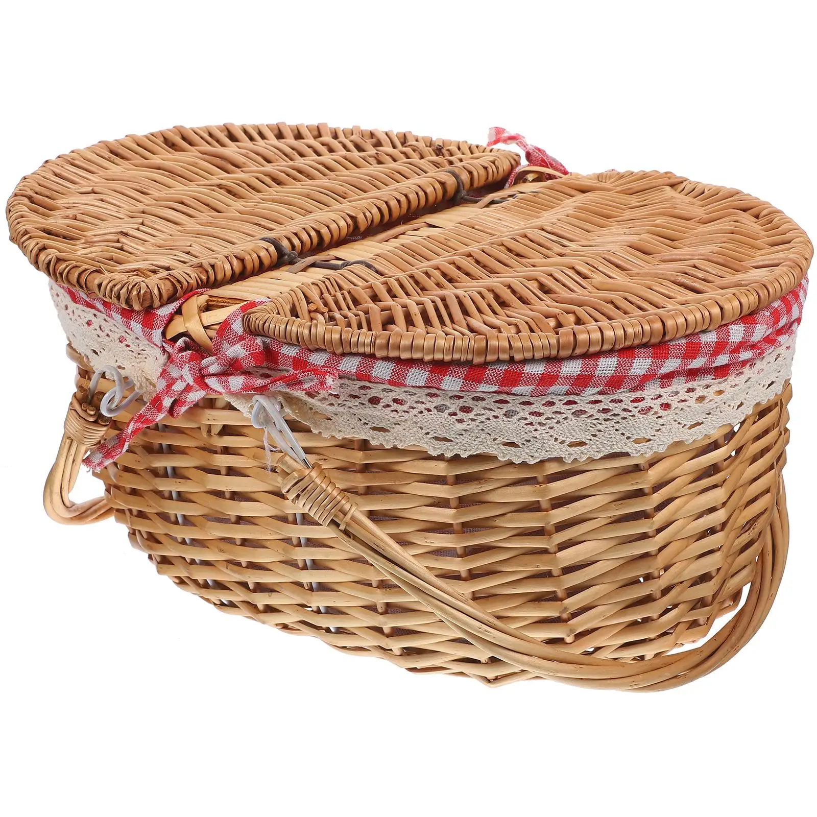 

Rattan Picnic Basket Wicker with Lid 35x25x17cm Red Check Storage Baskets Woven Handle Outdoor Shopping Home Decor
