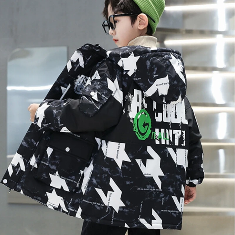 Boys Coat Jacket Cotton Outerwear Windbreak 2023 Hooded Thicken Velvet Winter Warm Teenagers Children\'s Clothing