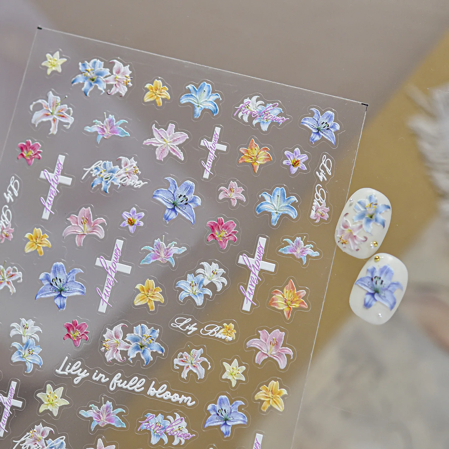 Colorful Lily Cross Embossed Nail Stickers Watercolor Flowers Pattern Self Adhesive Nail Parts Stickers For DIY Nails Decoration